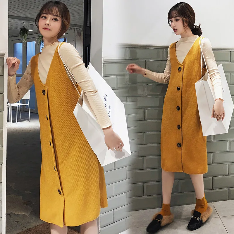 

Photo Shoot 2019 Maternity Clothes Autumn And Winter New Style Fashion Tops + Sleeveless Button Dress Two-Piece Set-Style Set
