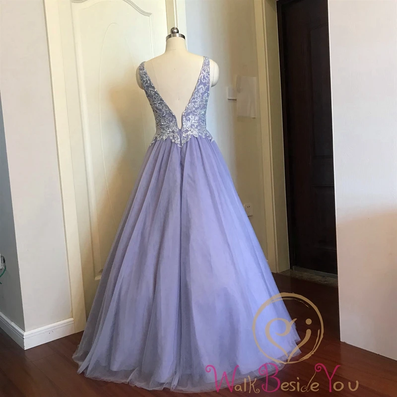 Light Purple Sleeveless A-Line Evening Dresses Applique V Neck Floor Length Long Backless Formal Party Gowns robe de soiree