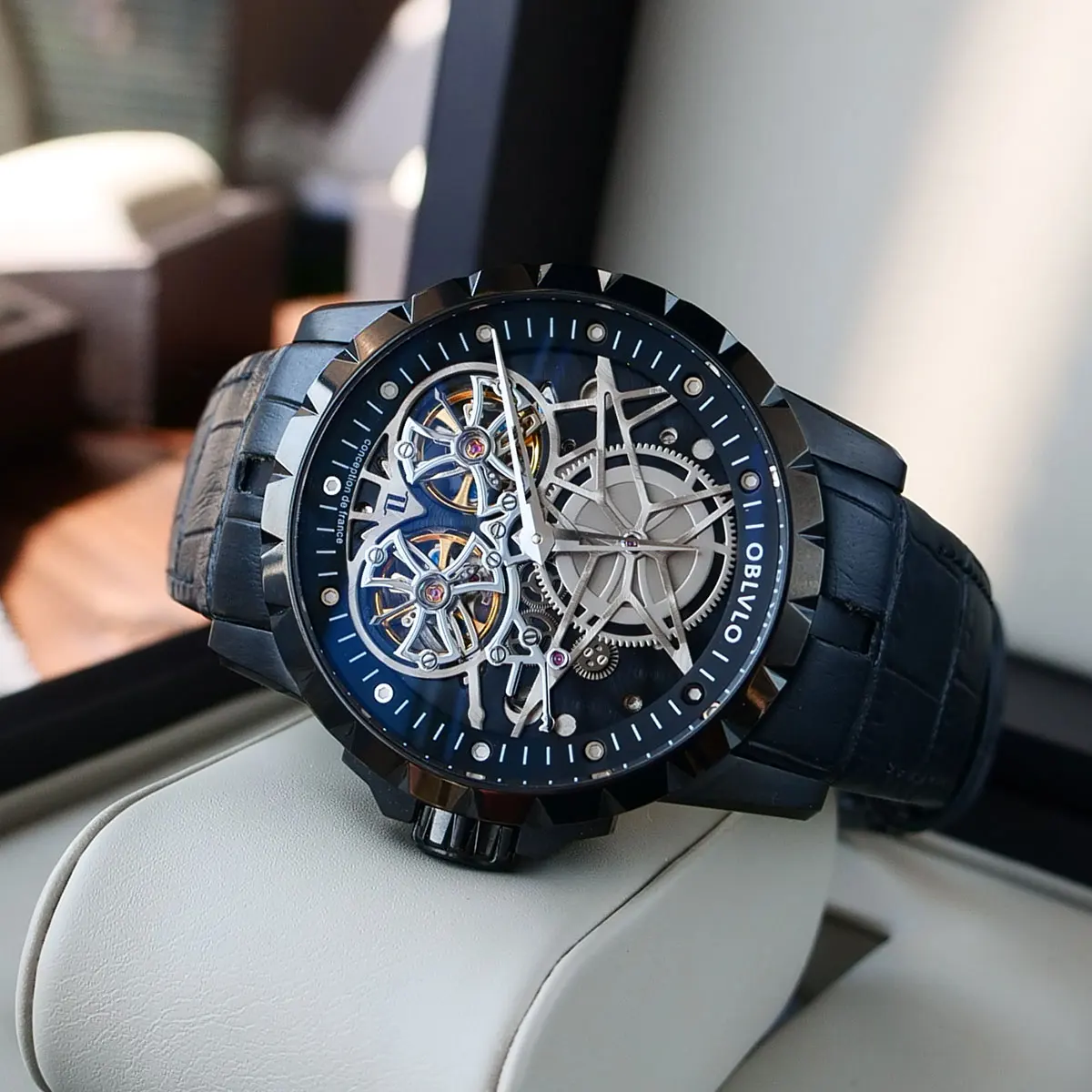 OBLVLO Лидирующий бренд все черное Армия Военные прозрачные часы Tourbillon механические с кожаным ремешком