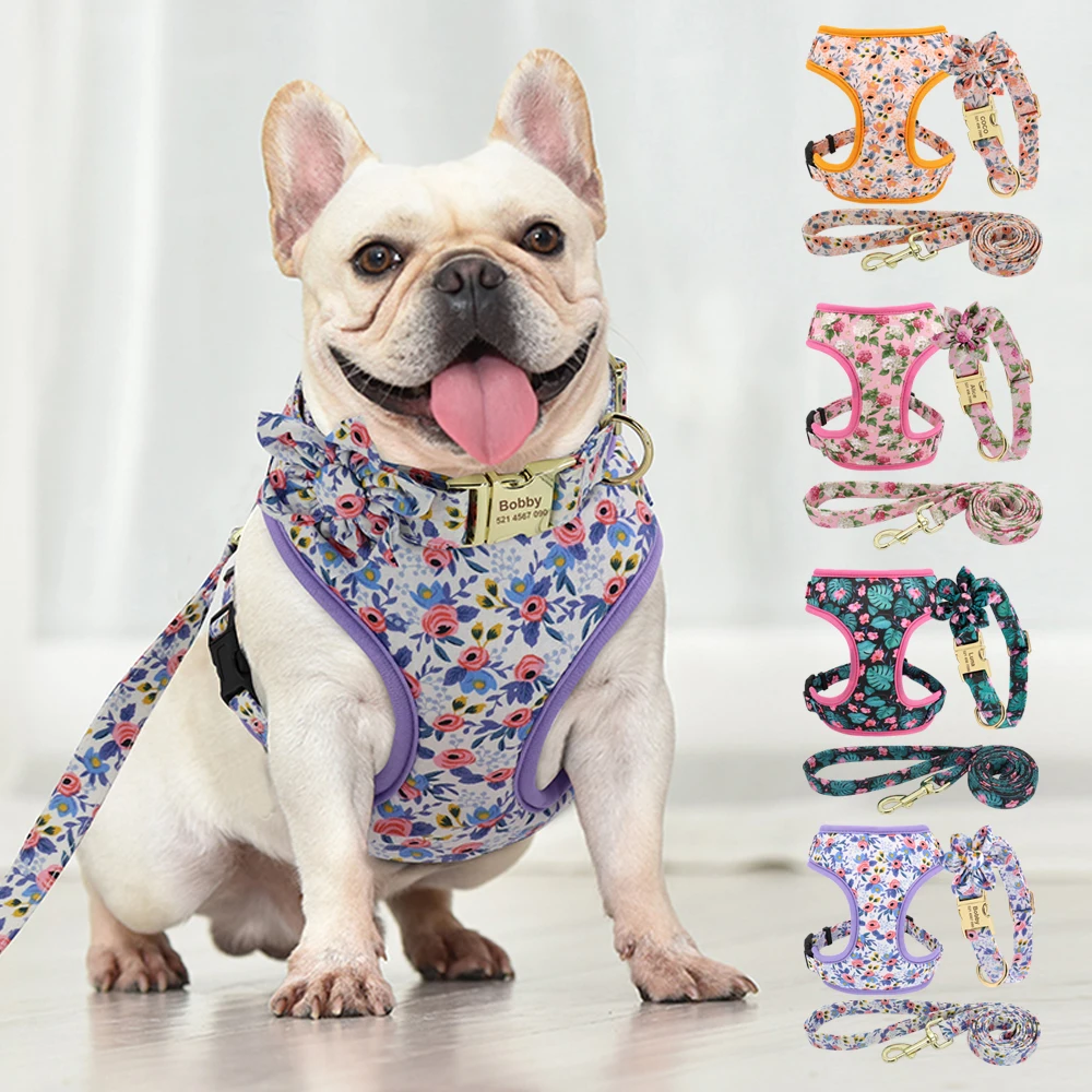 

3pcs/lot Personalized Dog Collar Printed Puppy Chihuahua Collar Harness Leash Set For Small Dogs Cats French Bulldog Pug Harness