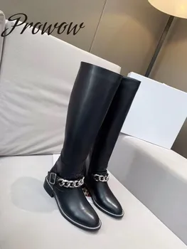 

Prowow New Genuine Leather Silver Metal Chain Knee HIgh Boots Slip On Low Heel Comfortable Luxury Motorcycle Boots