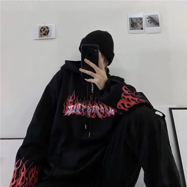 US $14.77 Autumn Fashion Cute Flaming Fire Print Hoodie Woman Streetwear Black Casual Loose Hip Hop Pullover 
