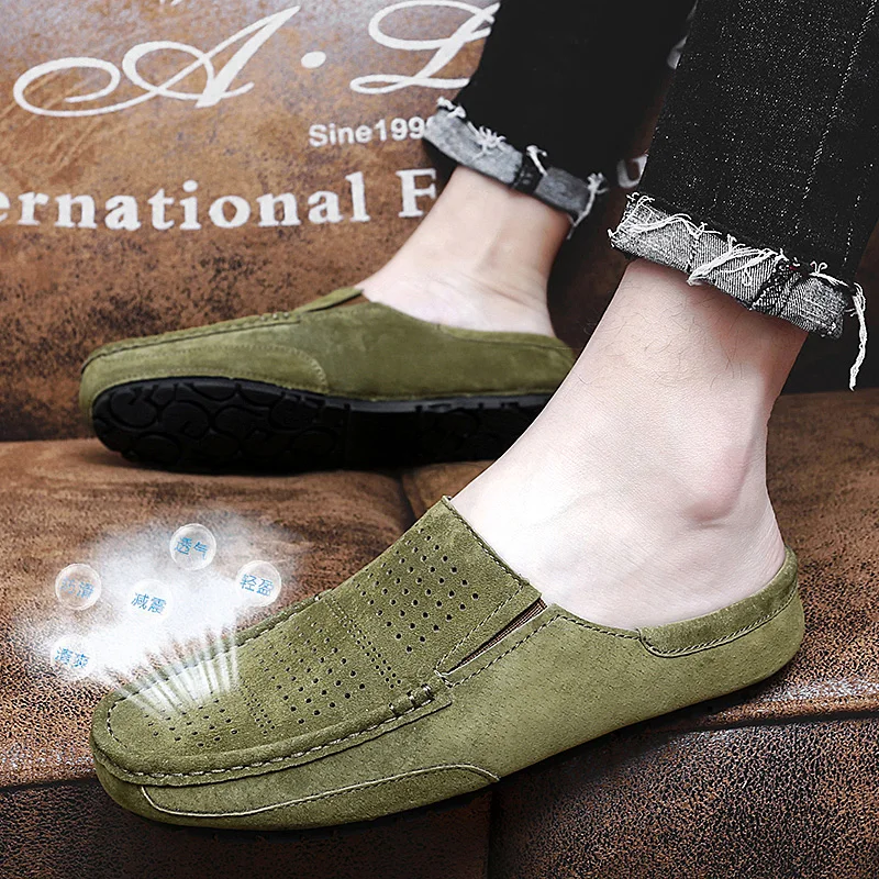 Man Summer Fashion Pig Skin Casual Half Shoe Male Breathable Soft Backless Half Loafers Hombre Open Back Leather Comfy Mocassins
