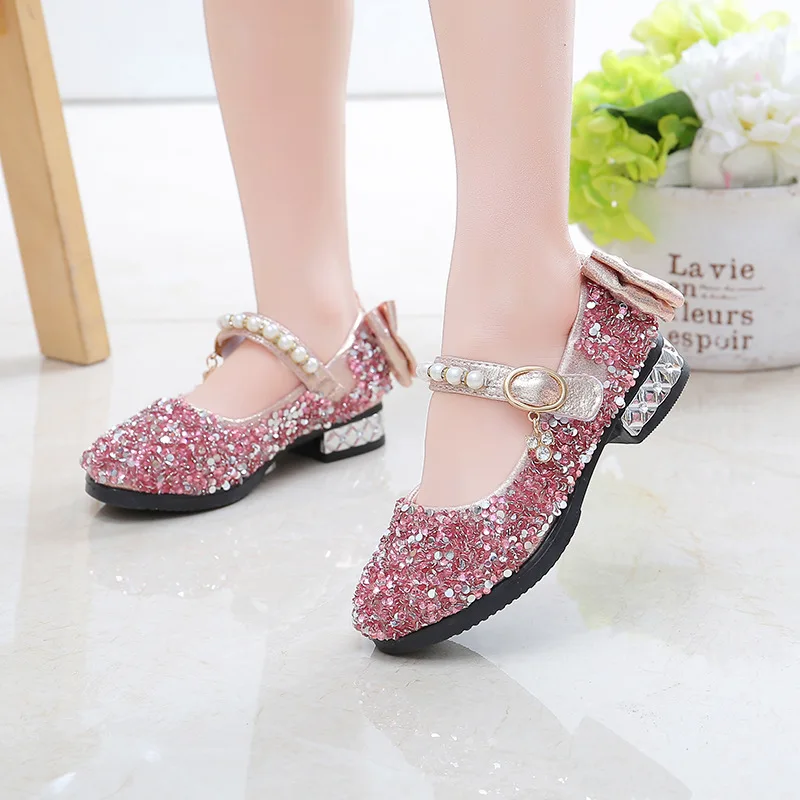 New Glitter Children Party Shoes Girl Low-heeled Sequin Bow Princess Red Shoes Teens Girls Pink Dress pearl Shoes For Kids