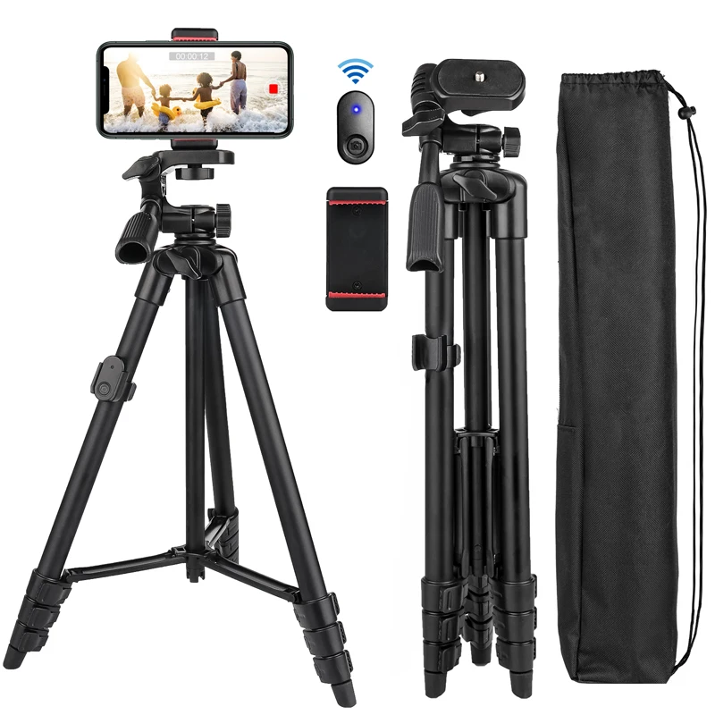 Cell Phone Tripod 55inch Selfie Stick Tripode with Bluetooth Remote Panorama Pan Head Travel Portable Tripod Stand for Mobile