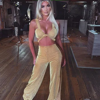 

BKLD Two Piece Set Women 2020 Summer New Sexy Bandage Crop Tops And Split Wide Leg Pants Glitter 2 Piece Party Outfits For Women