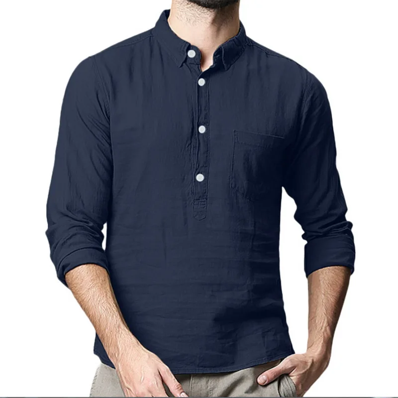 Navy Blue Хорошая Полуоткрытая Мужская рубашка с отложным воротником, топы, однотонные облегающие рубашки с длинным рукавом, блузки на пуговицах, Camisa Masculina размера плюс, бренд - Цвет: Navy Blue