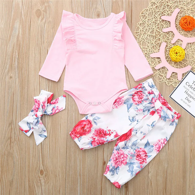 

2019 Fashion Infant Baby Girls Solid Jumpsuit Romper+Floral Print Pants+Headband Outfits Set