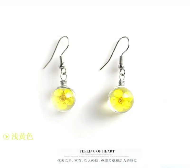Fashion Transparent Glass Round Handmade Dried Flower Sakura Drop Earrings Metal Pothook for Women Jewelry