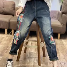 Осень-зима джинсы для женщин в стиле бойфренд повседневные винтажные корейские с высокой эластичной талией хлопковые джинсы Femme уличная одежда с принтом