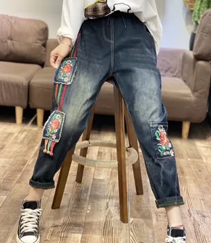 

Autumn Winter Boyfriend Jeans for Women Casual Vintage 2020 Korean High Elastic Waist Cotton Denim Jeans Femme Streetwear Print