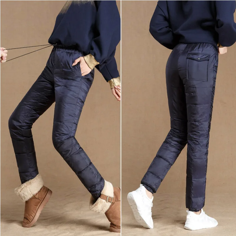 Новинка, зимние штаны из хлопка, женские штаны с эластичным поясом и карманами на молнии, теплые плотные штаны, повседневные зимние штаны с хлопковой подкладкой для женщин