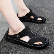 Новая модная летняя обувь; мужские сандалии из коровьей кожи; мужская повседневная обувь ручной работы; пляжная обувь на резиновой подошве; размеры 38-48