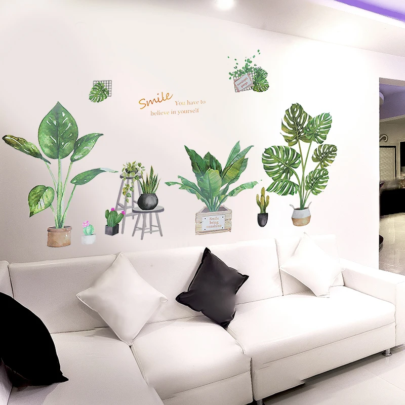 Wall Stickers Green Plants Tropical Leaves Bird Flower PVC Removable Stickers DIY Kids Bedroom Living Home Wall Decor Wallpaper