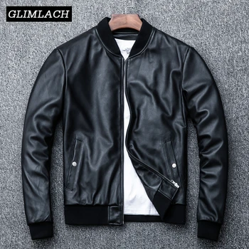 

Men Sheepskin Genuine Leather Coat Motorcycle Aviation Bomber Jacket 2019 Clothing Slim Black Flight Aviator Real Leather Jacket