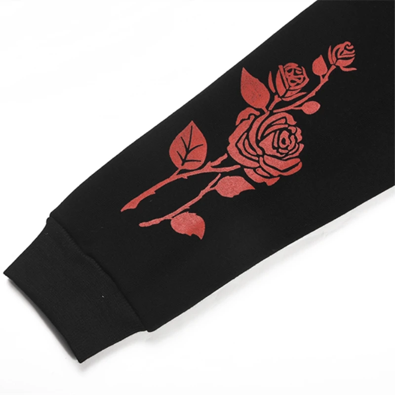 Черная толстовка с капюшоном женская мода розовый цветок буквенным принтом