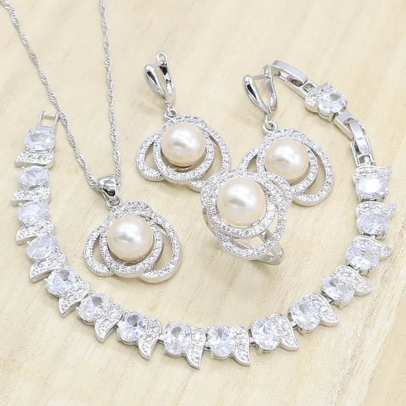 

Pearl Jewelry Sets for Women 925 Silver Wihte Zircon Bracelet Earrings Pendant Necklace Rings Gift Box