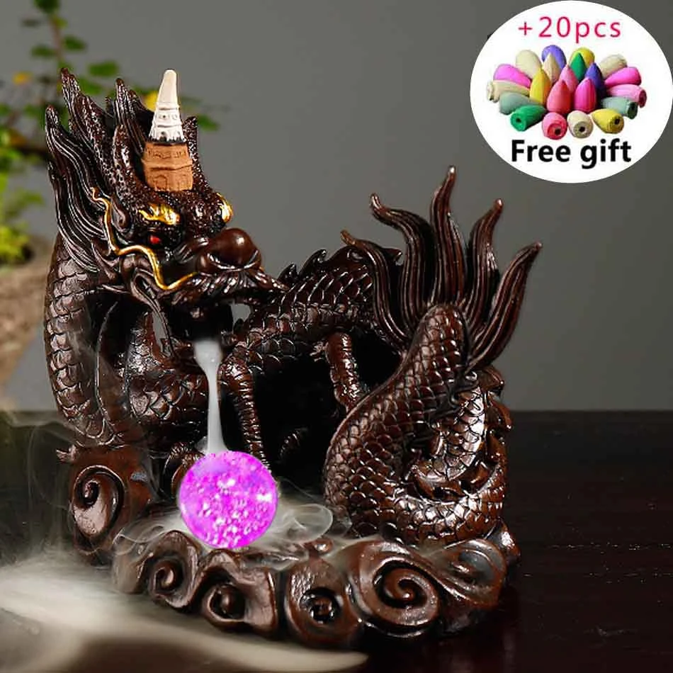 Led Dragon Backflow Incense Burner Resin Smoke Waterfall Incense Holder