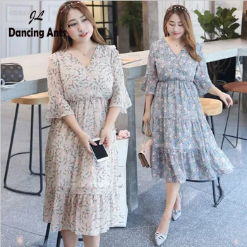 

Women Casual Dress Loose Plus Size Flare Sleeve V-Neck Flower Print Mid Calf Vestidos Chiffon Sweet Office Lady 2020 Summer
