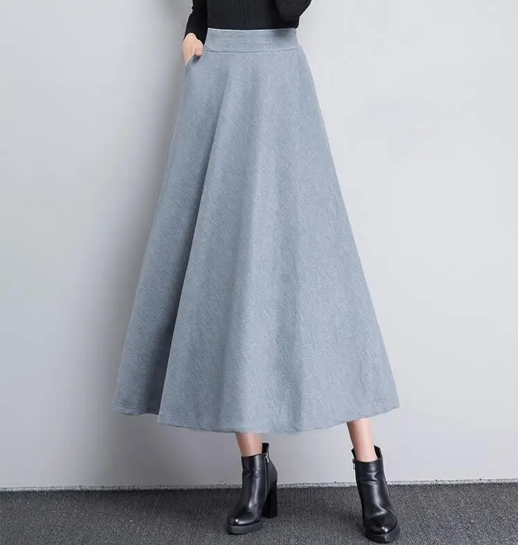 Light gray Новые осенние длинные шерстяные юбки с эластичной талией женские зимние юбки с высокой талией с карманами красные средней длины женские шерстяные юбки - Цвет: Light gray