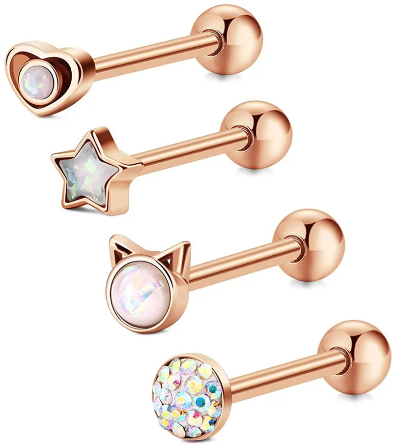 Кольца для языка женщин 4 шт. 14 г из нержавеющей стали с опалом и кристаллом кольцо