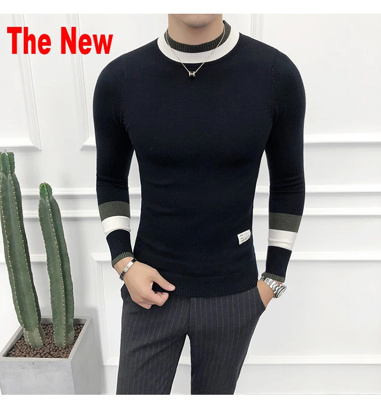Осенний мужской свитер pull homme Модный повседневный теплый однотонный облегающий мужской вязаный пуловер с круглым вырезом белого и черного цвета