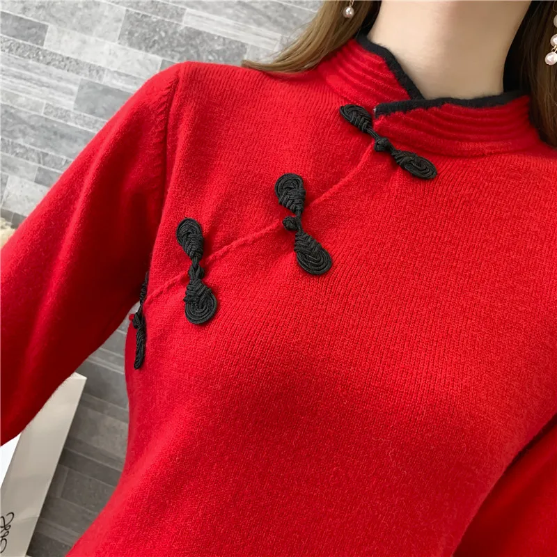 Женский осенний женский длинный свитер с диагональной пряжкой cheongsam с длинными рукавами женский свитер пуловер рыбий хвост