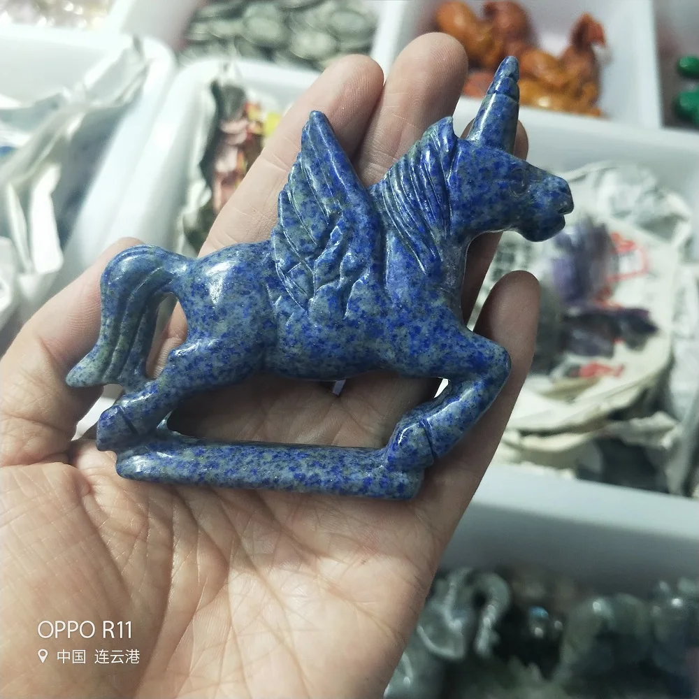 Натуральный кристалл резьба лазурит Лошадь Единорог животное тотем статуя камень кристалл минеральная скульптура для домашнего декора подарок