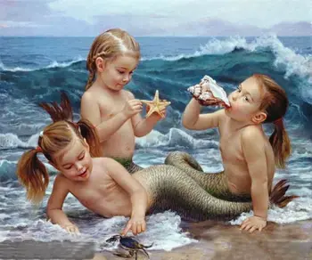 

Three Little Mermaids On Beach Wave Seascape Girl Virgin Hand Painted Painting