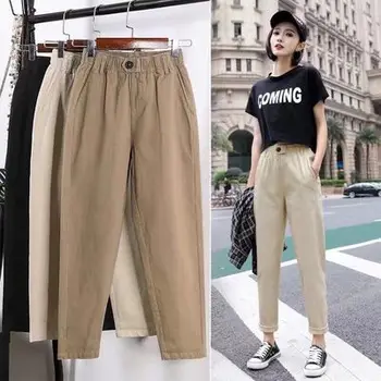 

New Spring Women Clothing Straight Overalls Casual Harem Pants Elastic Waist autumn 2019 Triangle Buckle Cargo Pants Women