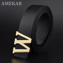 

Men's belts luxury genuine leather brand Smooth buckle W letter gold Black famous Designer Cowskin Strap Wide Belt Luxe marque