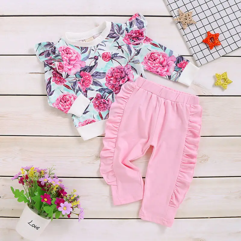 Комплект одежды из 2 предметов для новорожденных девочек 0-24 месяцев топы с цветочным принтом+ длинные штаны, спортивный костюм