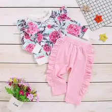Комплект одежды из 2 предметов для новорожденных девочек 0-24 месяцев топы с цветочным принтом+ длинные штаны, спортивный костюм