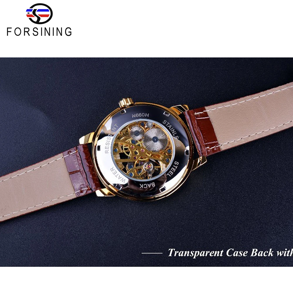 Forsining Golden Roman Men's Mechanical Watch Skeleton Transparent Slim Hand Winding Business Man Brown Leather Belts Wristwatch