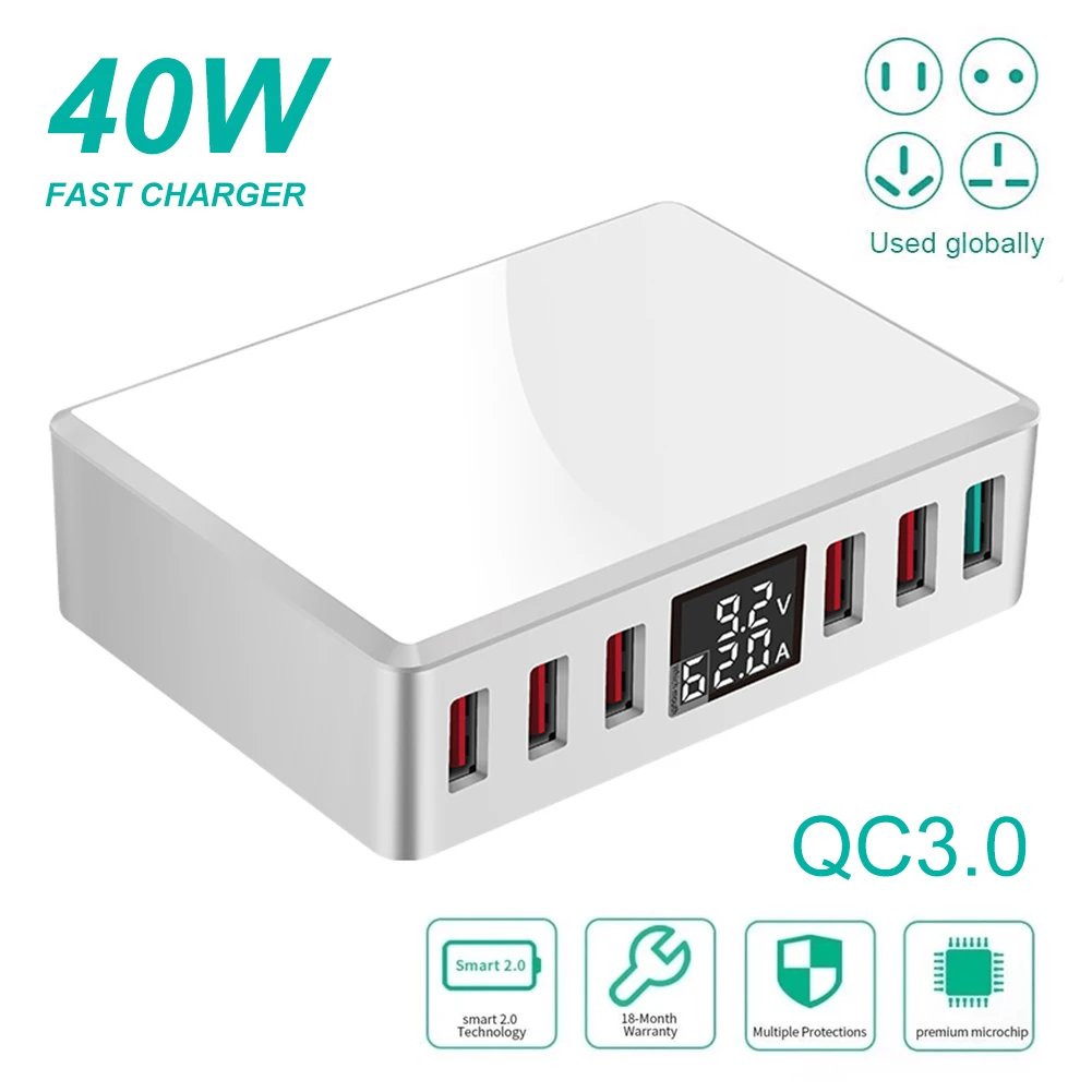 40W 3.4A 6 Port USB Fast Charger Station Hub Home Adapter Auto Detect LCD Screen 
