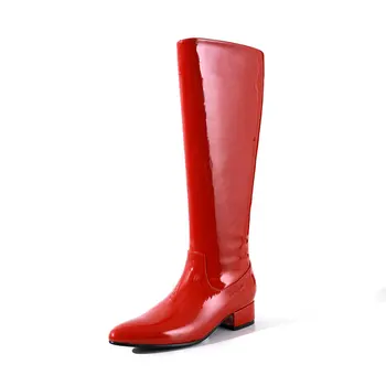 

2020 Newest low Heels Cow Patent Leather Women Knee High Boots black red Female Riding Boots Dancing Shoes Woman