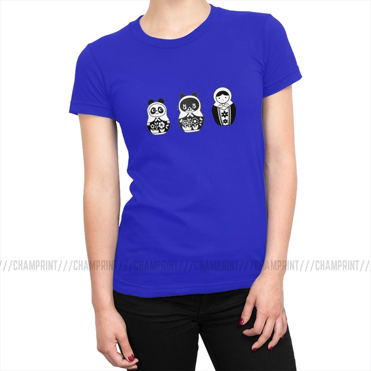 Русские женские футболки с матрешкой Харадзюку, футболки с коротким рукавом и круглым вырезом, хлопок, хип-хоп принт, женская одежда - Цвет: Синий