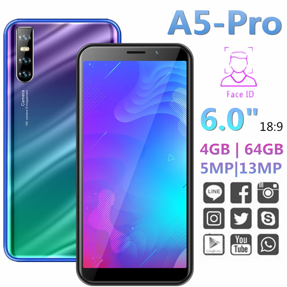 Оригинальный смартфонов A5 Pro 4G Оперативная память 64G Встроенная 6 0 &quot4 ядра 13 + 5 Мп