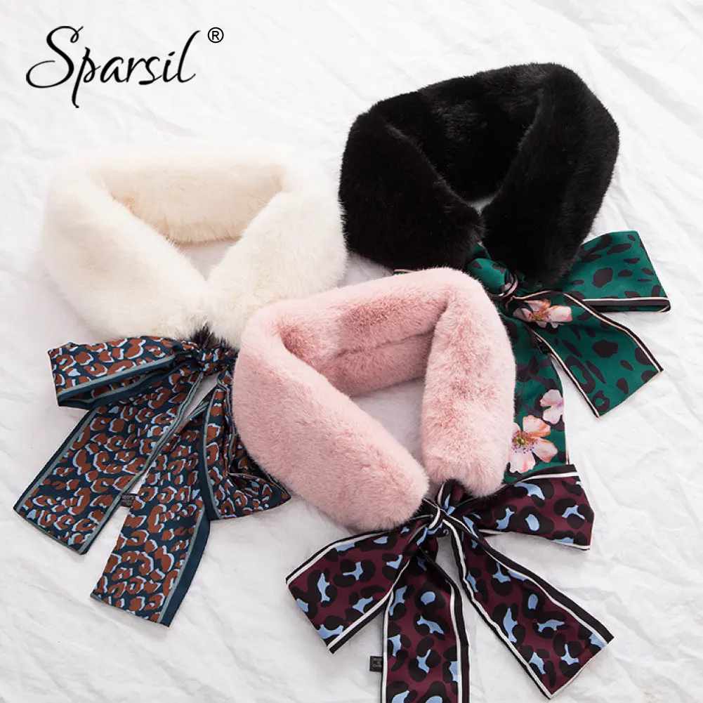 

Sparsil Female Winter Furry Ring Scarf Leopard Ribbon Scarves Women Patchwork Faux Rabbit Fake Collar Fur Neck Warm Soft Muffler