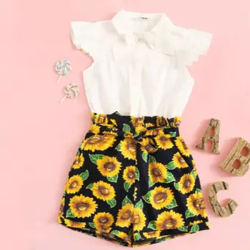 

3PCS Toddler Kids Baby Girl Clothes Tie Solid Flying Sleeve Button Tops Shirt+Strappy Sunflower Shorts Outfit Set