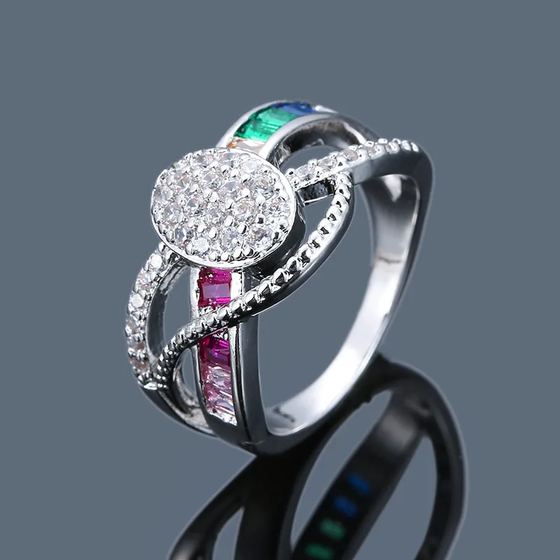 Boho Crystal Rainbow Stone Wedding Ring Fashion Ladies Colorful Zircon Cross Ring Cute Silver Yellow Gold Color Engagement Ring - Цвет основного камня: Silver