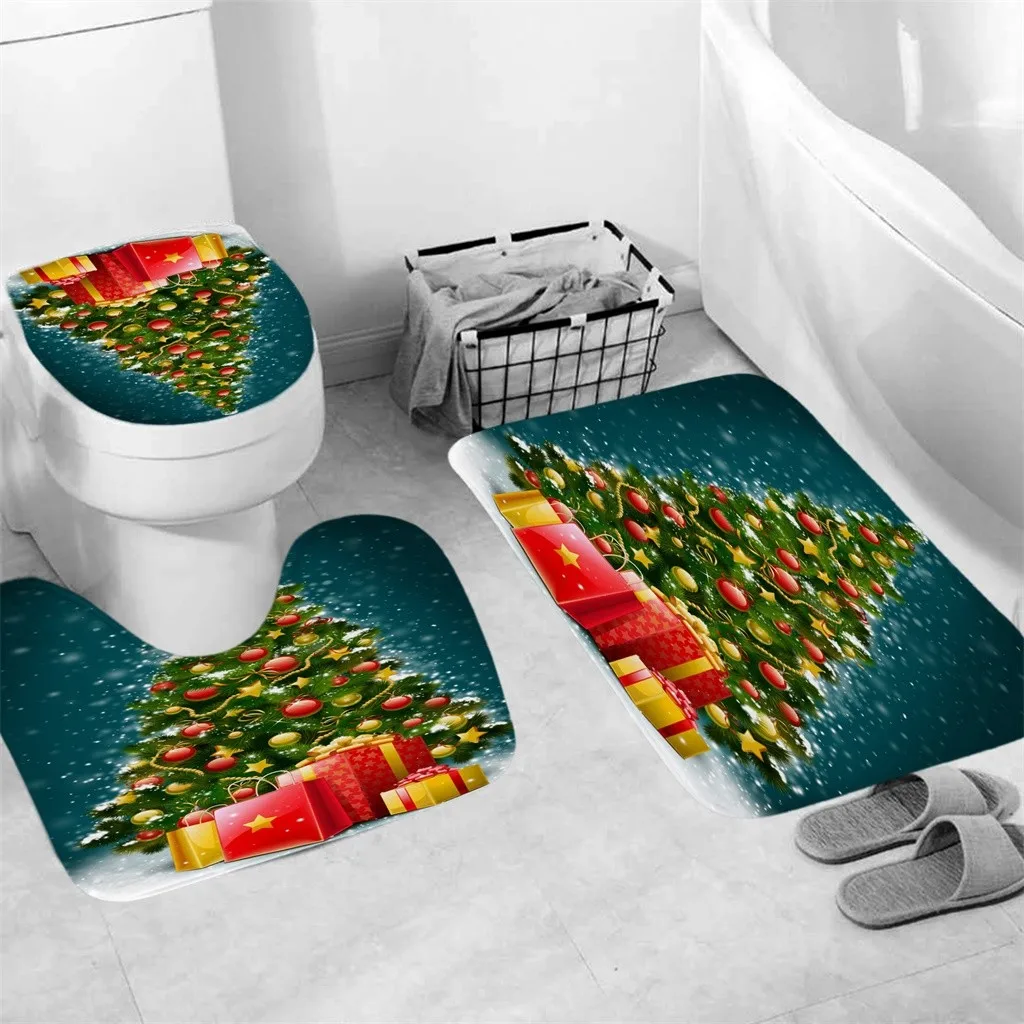 4Pcs Christmas shower Curtain Bathroom Anti-slip Carpet Rug Toilet Cover Mat Set Mat in Door mat Christmas Santa Claus Mat