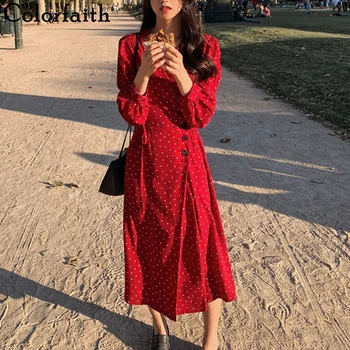 

Colorfaith New 2020 Spring Summer Women Dresses Chiffon V-Neck Floral Dots Buttons Lace Up Bow Elegant Casual Dress Long DR5029