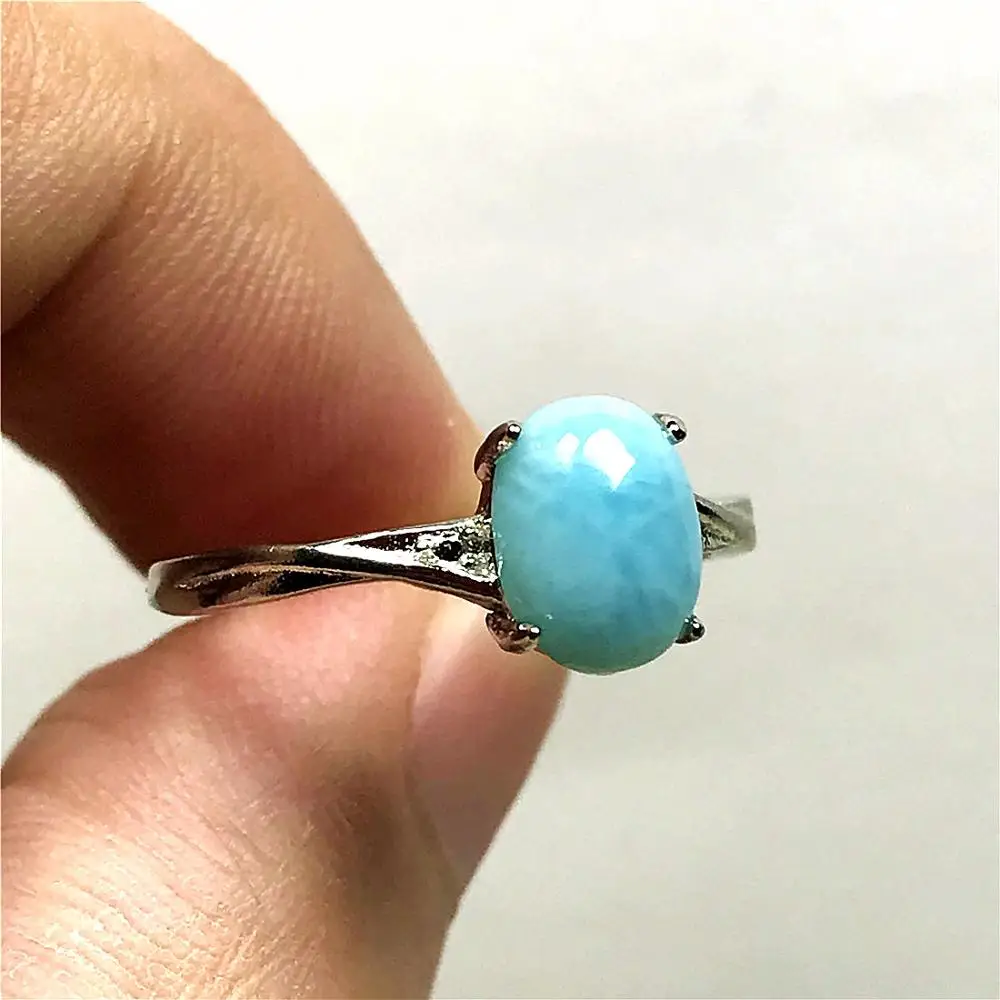 

8x6mm Top Natural Blue Larimar Ring Jewelry For Woman Man Crystal Silver Oval Beads Water Pattern Stone Adjustable Ring AAAAA