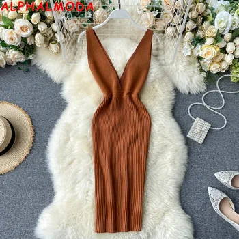 

ALPHALMODA Deep V-neck Women Sexy Summer Tank Dress Solid Color Slim Fit Backless Ladies Knee Length Knit Dress
