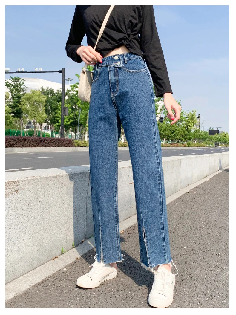 Повседневное корейский комплект с широкими штанинами свободные джинсы на осень и зиму из хлопка синего цвета Высокая талия джинсы Mujer женские Для женщин Жан