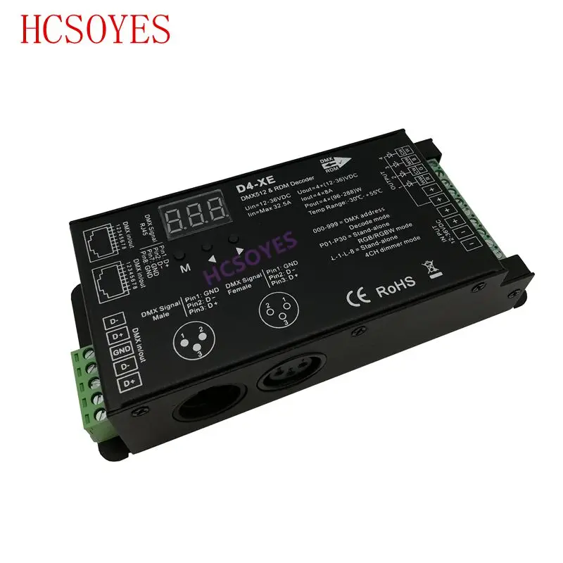 D4-XE 4CH PWM constant voltage CV DMX512 RDM LED decoder controller with digital display XLR3 RJ45 DC12V 24V 36V input 8A*4CH