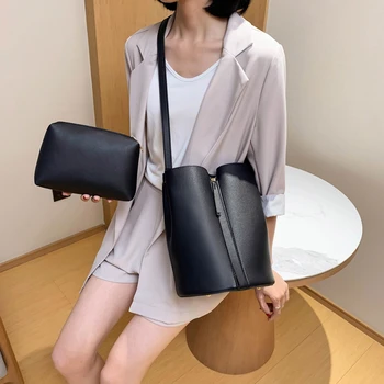

Fashion 2sets Quality PU Leather Bucket Bag Lady Crossbody Bags For Women Solid Color Shoulder Handbags Female Cross Body Bag
