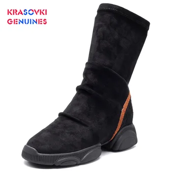 

Krasovki Genuines Women Boots Winter Fashion Dropshipping Slip Flock Round Toe Thick Bottom Breathable Leisure Sneakers Boots