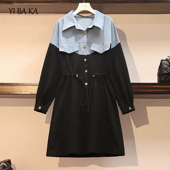 

plus size women casual denim dress autumn 2020 fashion button long sleeve turn down collar denim patchwork loose dresses